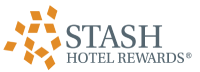 A logo for STASH Hotel Rewards featuring an orange geometric icon and the text STASH HOTEL REWARDS.
