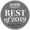 The image shows a round badge from Seattle Magazine labeled "Best of 2019 Readers' Choice Winner."